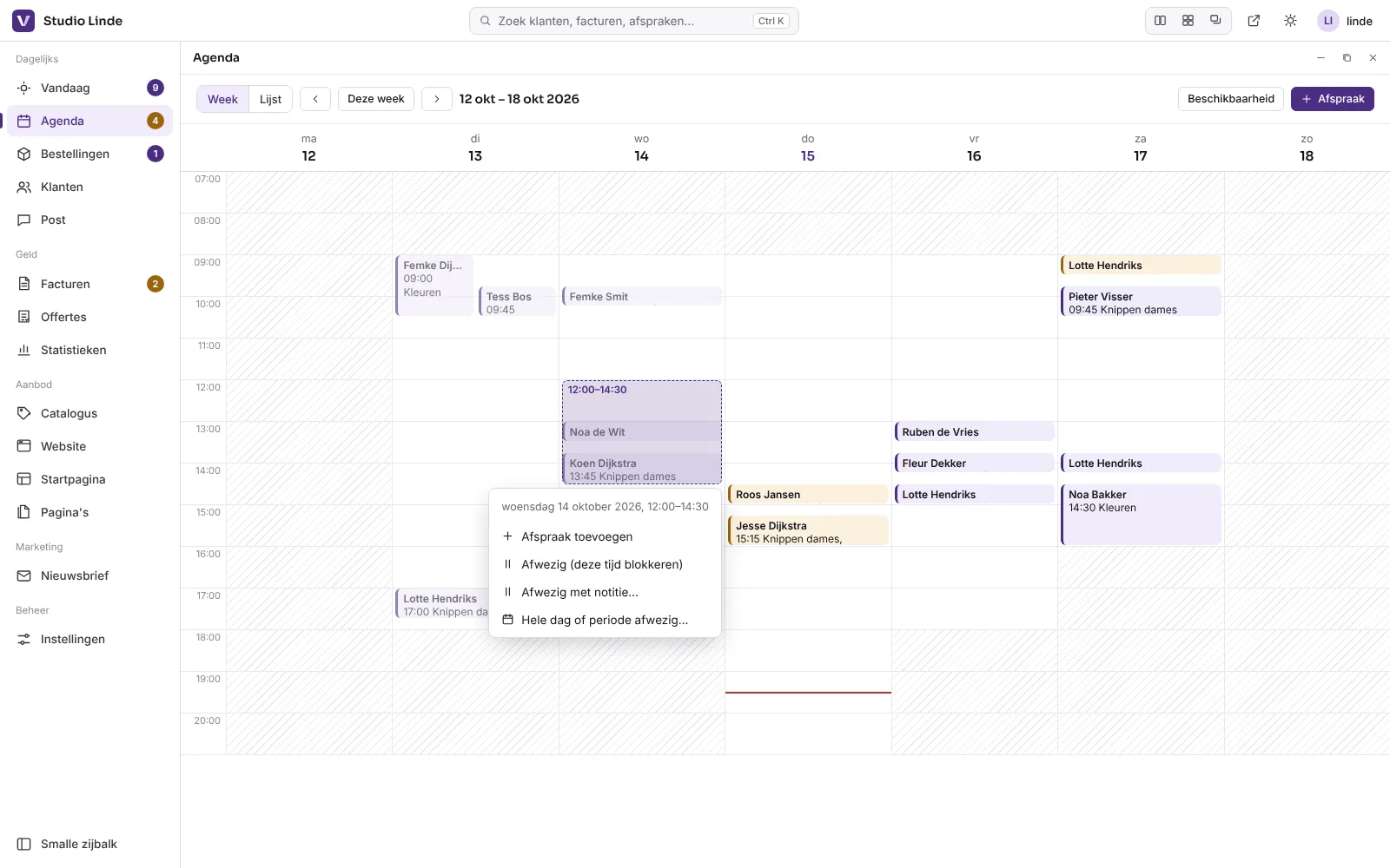 Weekagenda met afspraken en een geselecteerd tijdvak