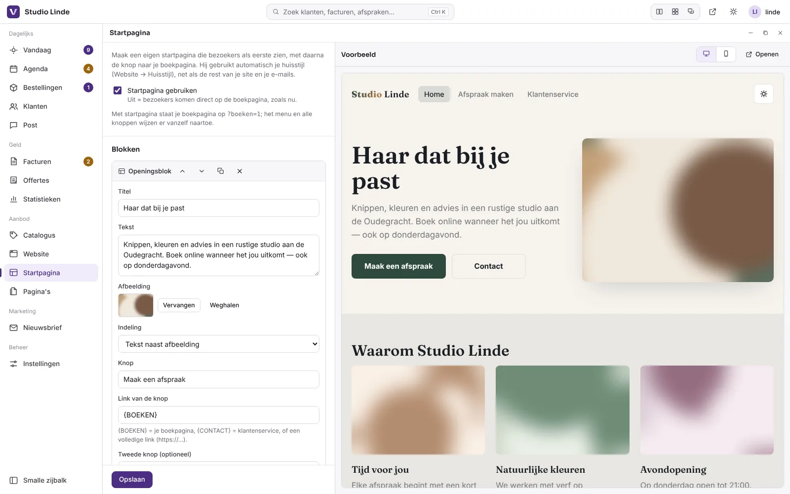 Startpagina bewerken met live voorbeeld