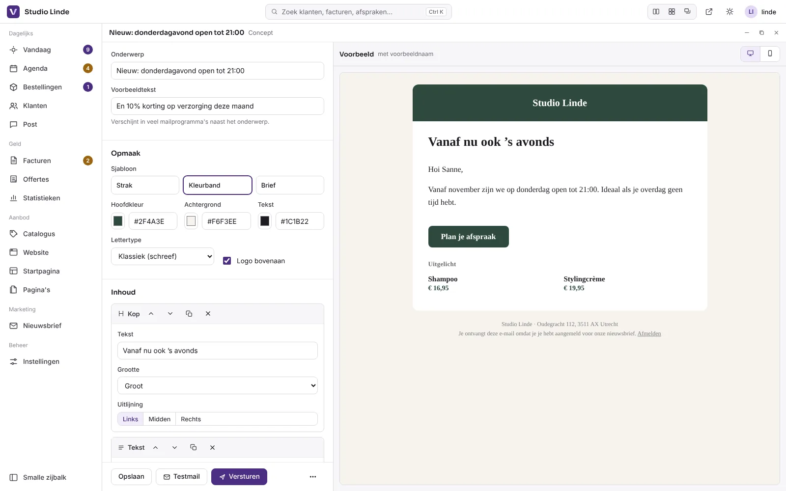 Nieuwsbrief opstellen met live voorbeeld